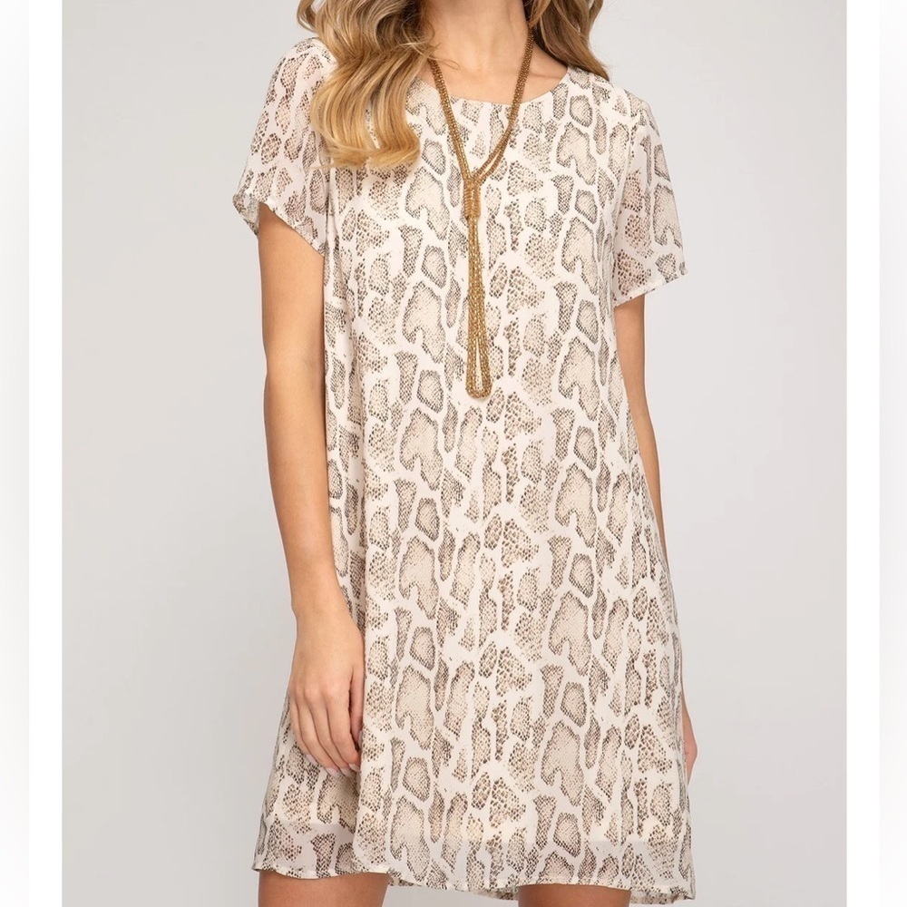 NWT She + Sky Snake Python Print Mini Shift Dress. Cream and Black S